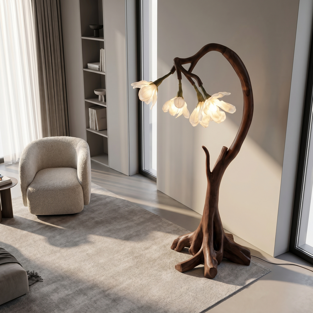 Bloom Floor Lamp With Sculptural Wooden Stand For Living Room And Bedroom - view 2