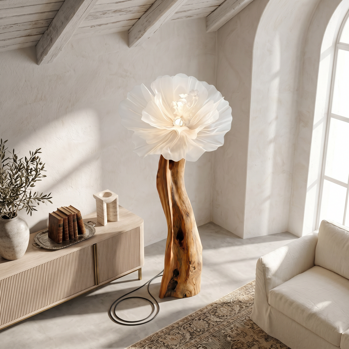 Artistic Flower Floor Lamp Sculptural Wood Base For Living Room - view 2