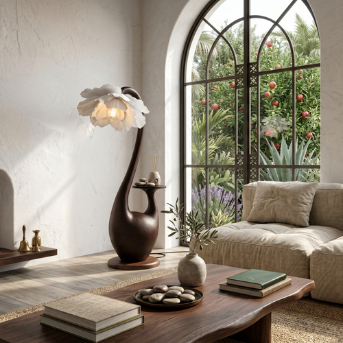 Artistic Floor Lamp With Sculptural Organic Base And Integrated Shelf For Reading Nook