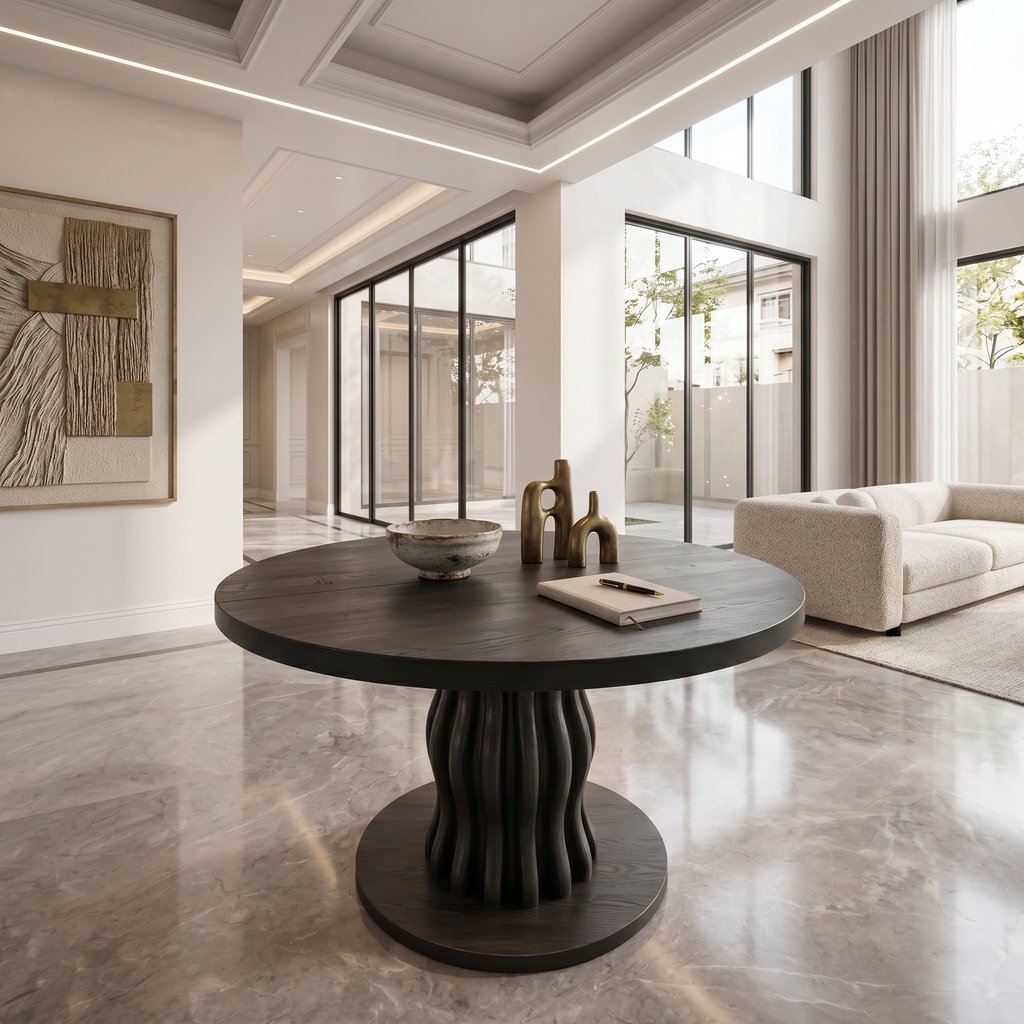 Contemporary Round Entryway Table With Wavy Vertical Form For Foyer And Living Room