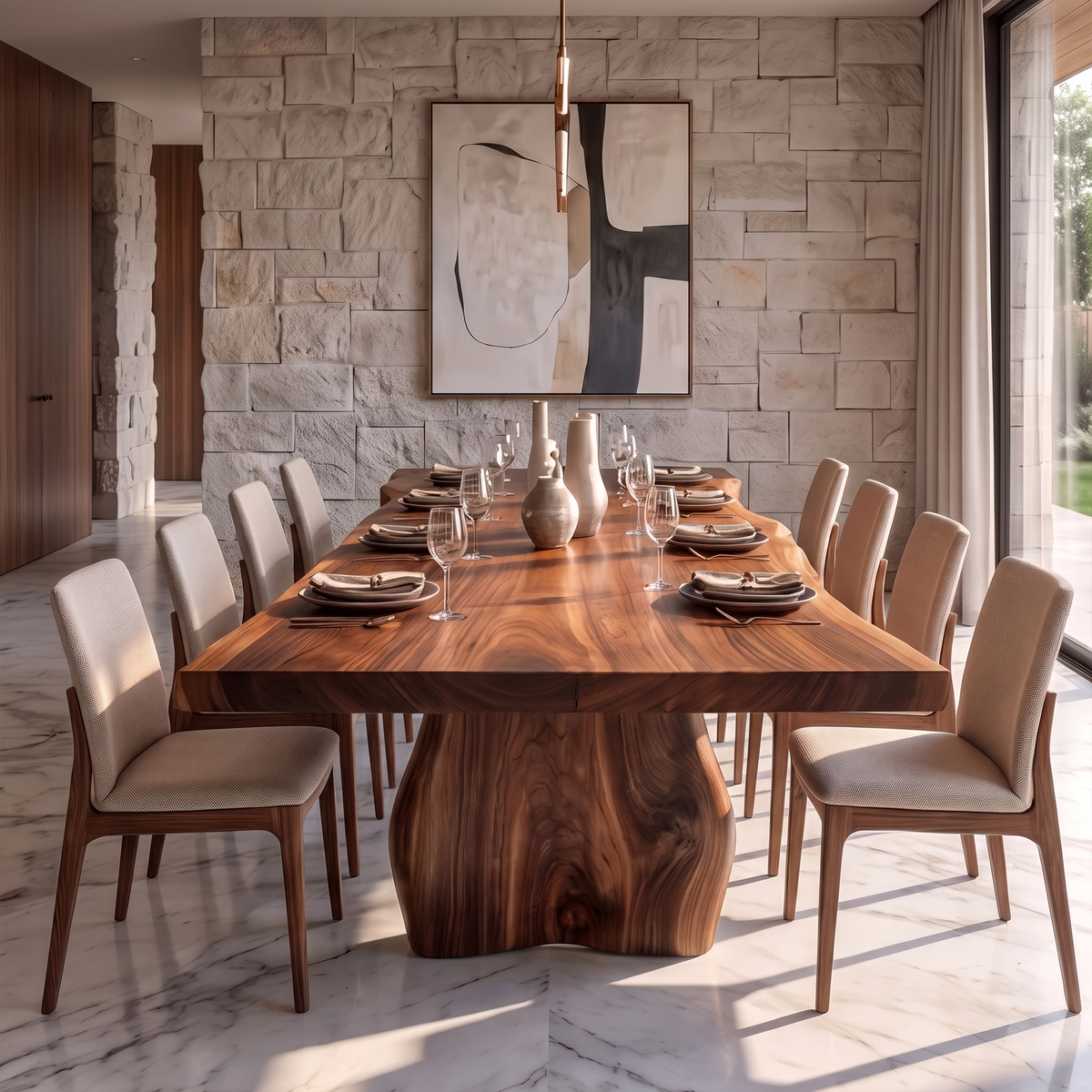 Contemporary Dining Table With Asymmetrical Natural Edge Top For Dining Room