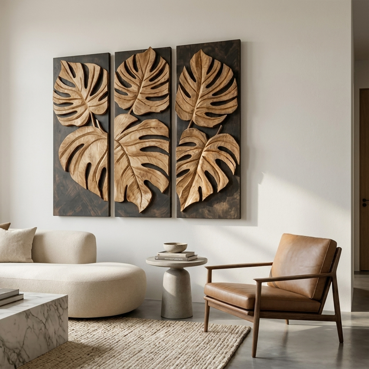 Carved Monstera Leaf Solid Wood Wall Art Triptych Statement Decor - view 2