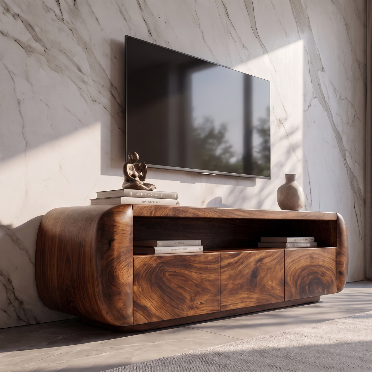 Contemporary TV Cabinet With Sculptural Wood Form For Living Room And Family Room