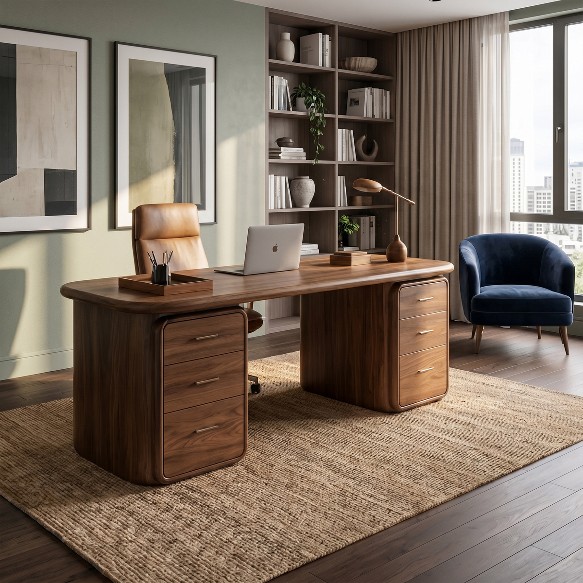 Contemporary Wood Desk With Built In Drawers For Home Office