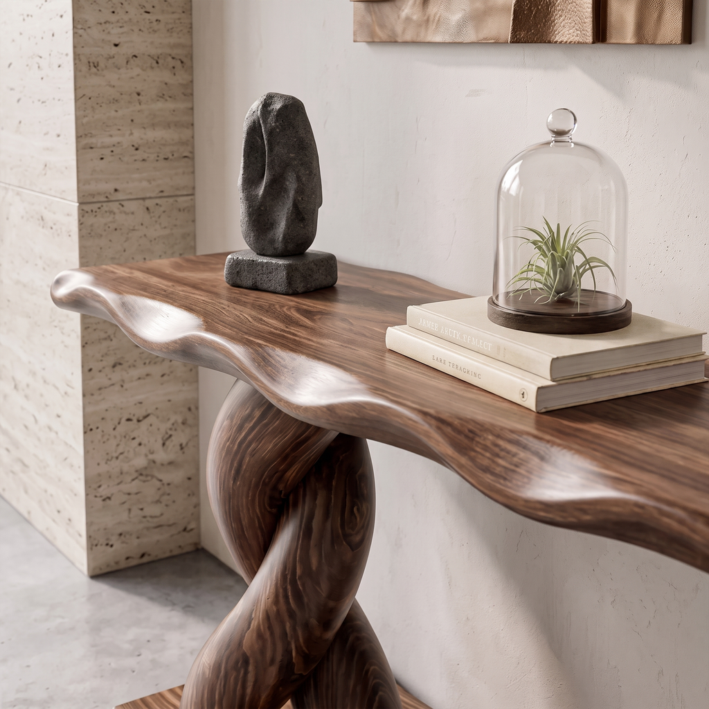 Contemporary Console Table With Spiral Base And Lower Display Shelf For Living Room