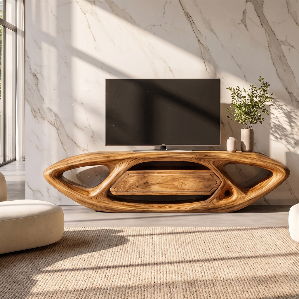 Contemporary TV Cabinet With Sculptural Oval Frame And Open Storage For Living Room - view 2
