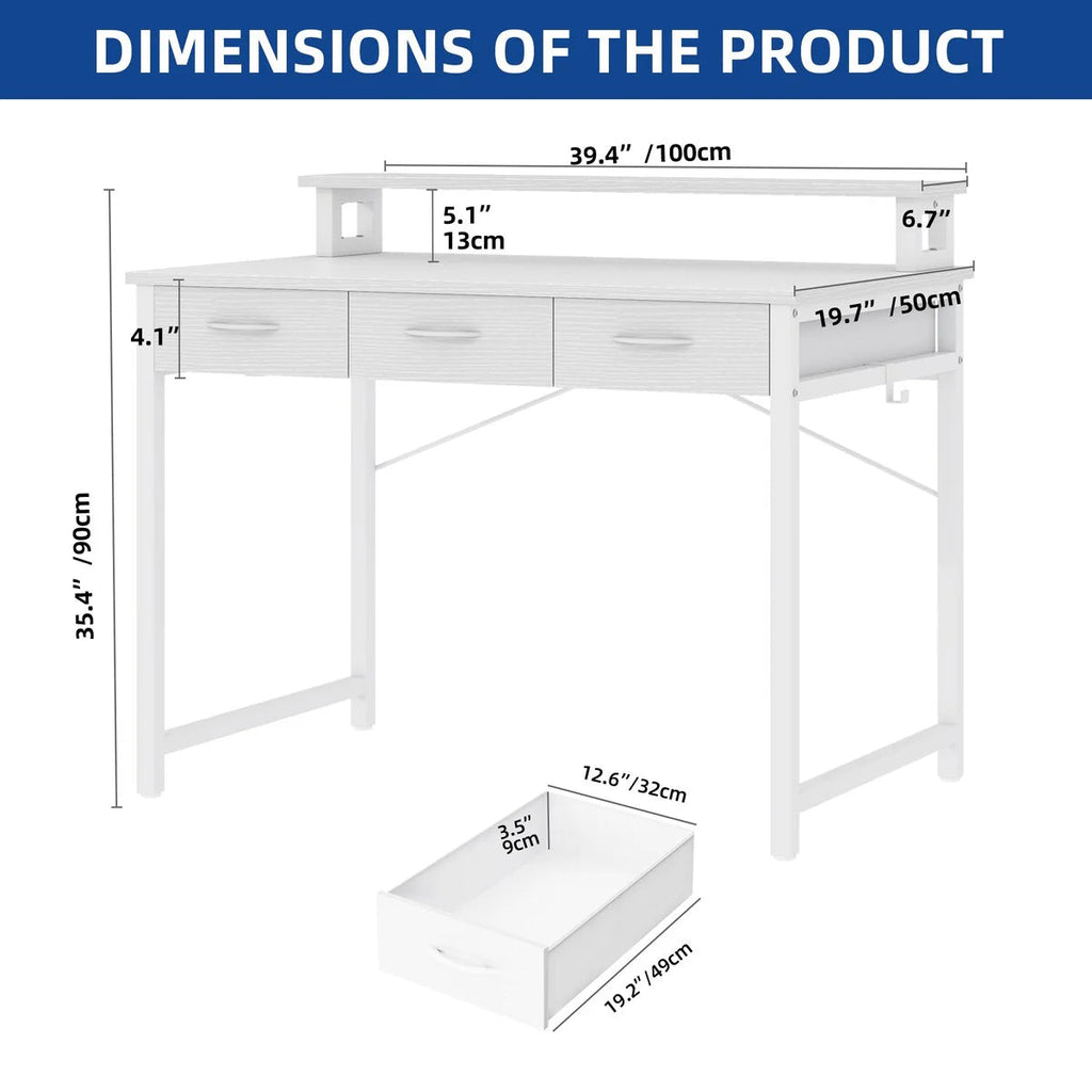 Computer Desk With 3 Fabric Drawers And Monitor Stand
