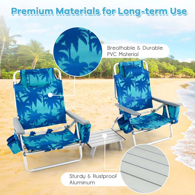 2-Pack 5-Position Outdoor Folding Backpack Beach Chairs With Side Table Set