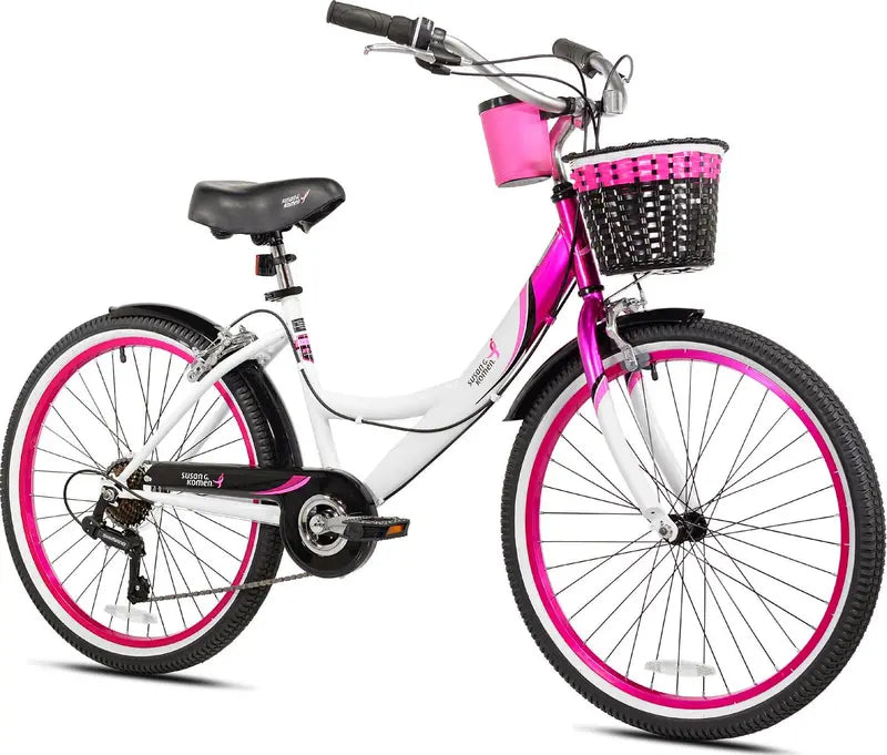 Kent Bicycles Girls' 24 in 7-Speed Cruiser Bike, Pink/White/Black, Steel Frame - 62481