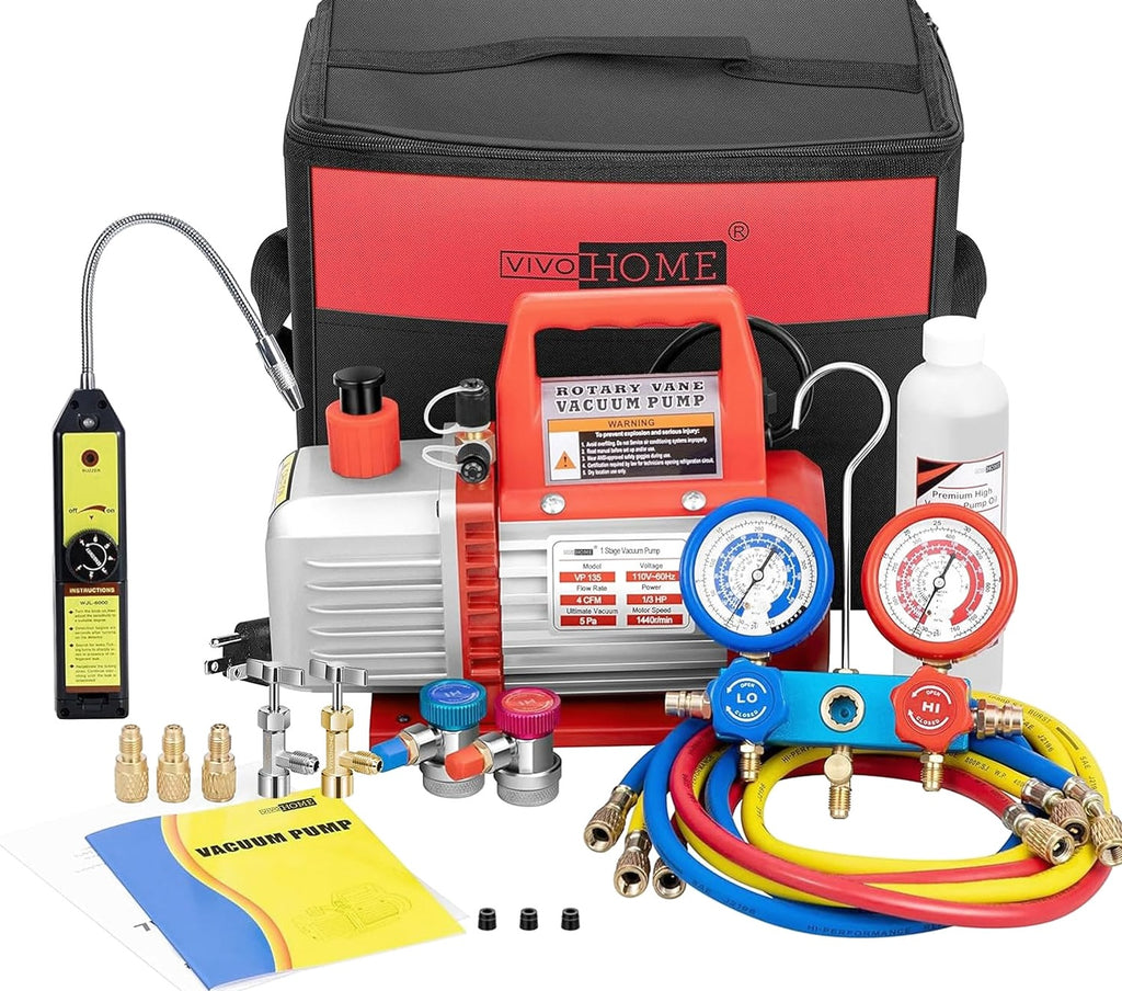 Single-Stage Rotary Vane Air Vacuum Pump With R134a AC Manifold Gauge Kit - 110V, 1/3 HP, 4 CFM