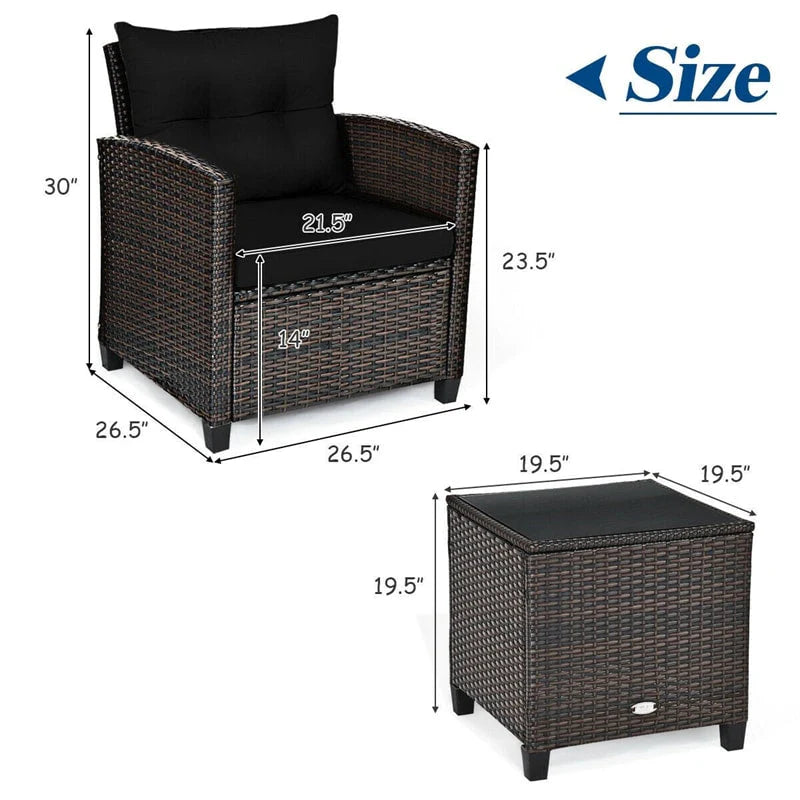 3-Piece Rattan Patio Conversation Set With Cushions And Coffee Table