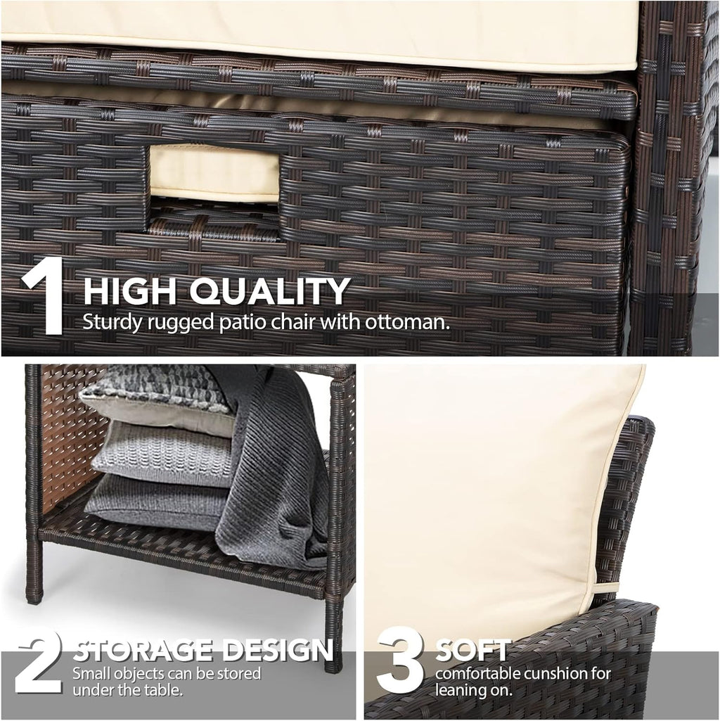 LEVELEVE 5 Piece Patio Conversation Set With PE Wicker Rattan, Cushions, 2 Ottomans And Glass Table
