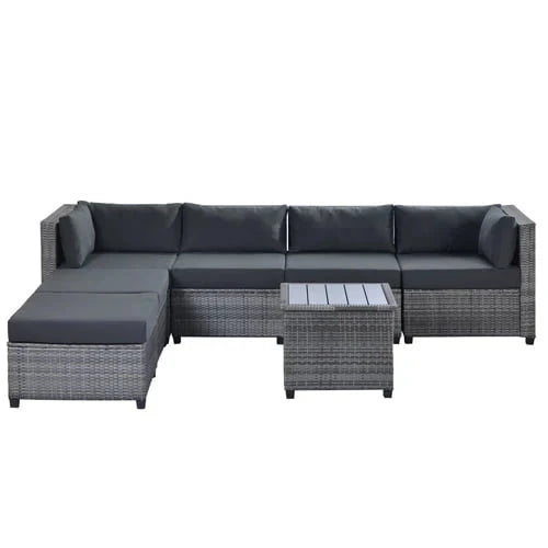 SESSLIFE 7-Piece Wicker Patio Sofa Set With Glass Coffee Table - Brown Rattan Beige Cushions