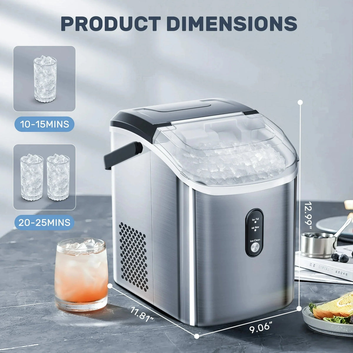 Auseo Countertop Nugget Ice Maker, 35Lbs/24H, 1.1L, Stainless Steel Silver - Self-Cleaning