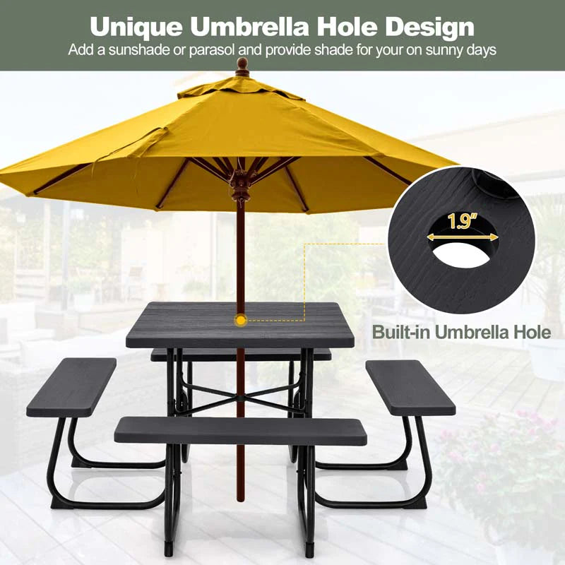 8-Person Outdoor HDPE Square Picnic Table And Bench Set, 67in x 67in x 30in, Metal Frame