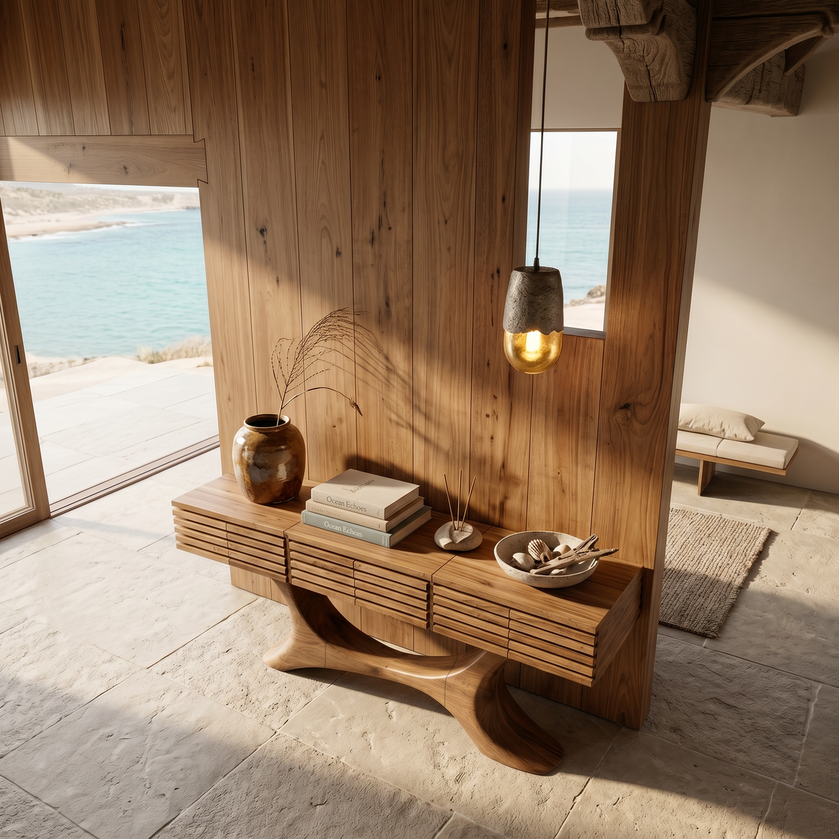 Contemporary Console Table With Curved Tree Trunk Base And Built In Storage Drawers For - view 2