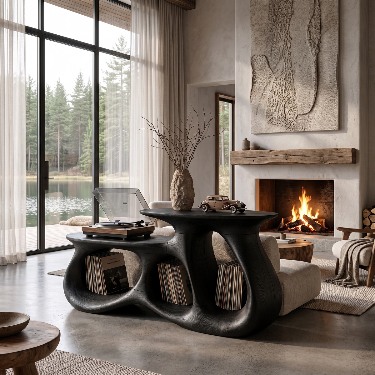 Contemporary Vinyl Record Cabinet With Interlocking Curved Forms For Living Room