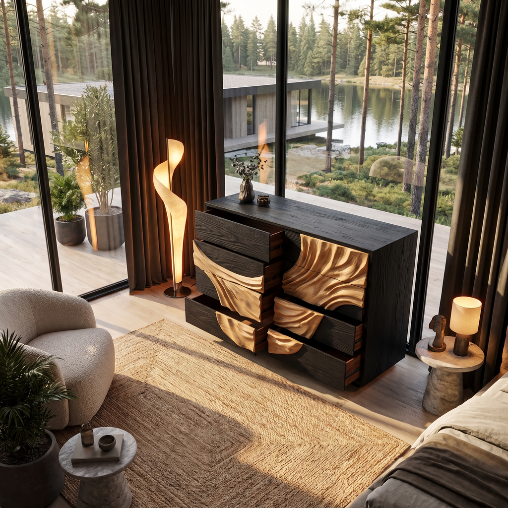 Contemporary Black Dresser With Strong Linear Detailing For Bedroom - view 2