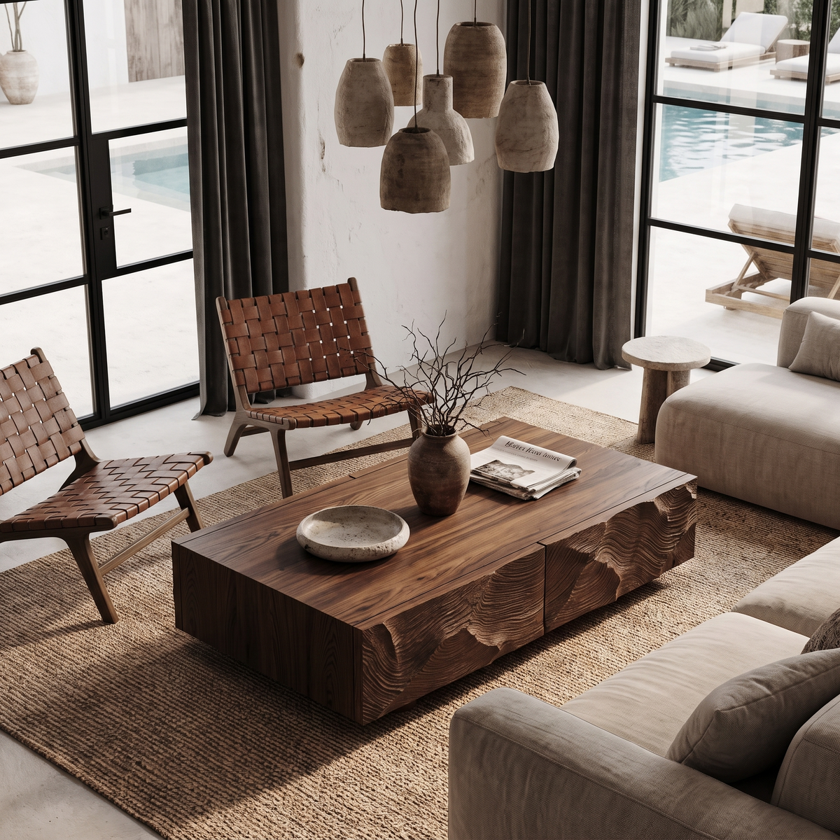 Contemporary Coffee Table With Sculptural Carved Drawer Front For Living Room