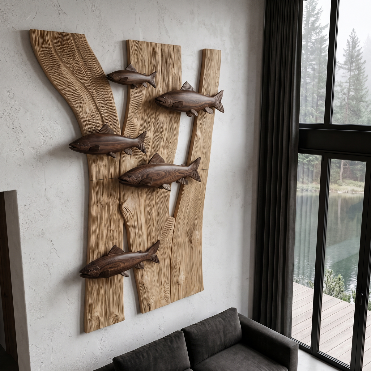 Contemporary Wooden Fish Wall Decor With Sculptural River Scene For Living Room And - view 2