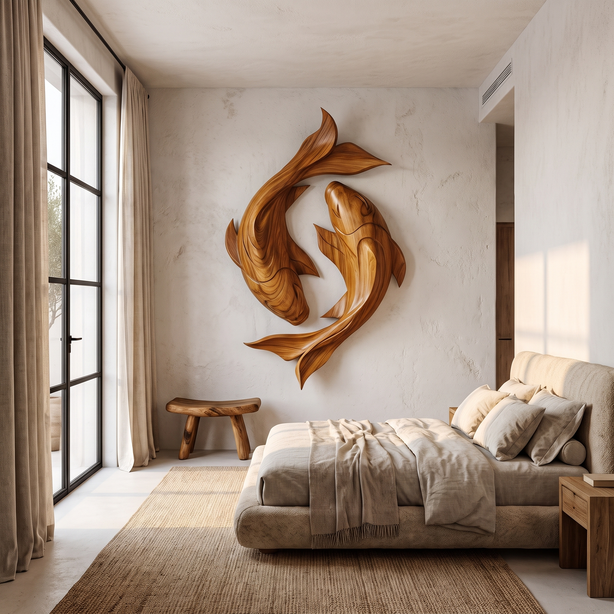 Contemporary Wood Wall Sculpture With Carved Koi Fish Design For Living Room And Office