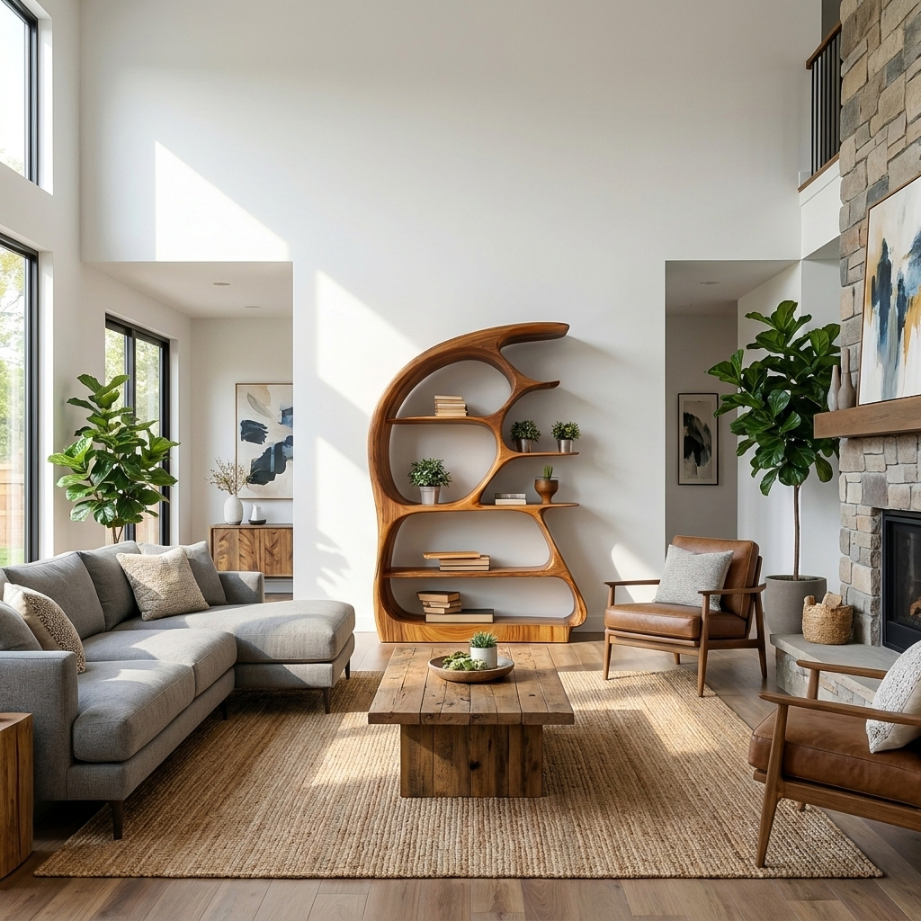 Contemporary Sculptural Wood Bookshelf For Living Room Decor - view 2