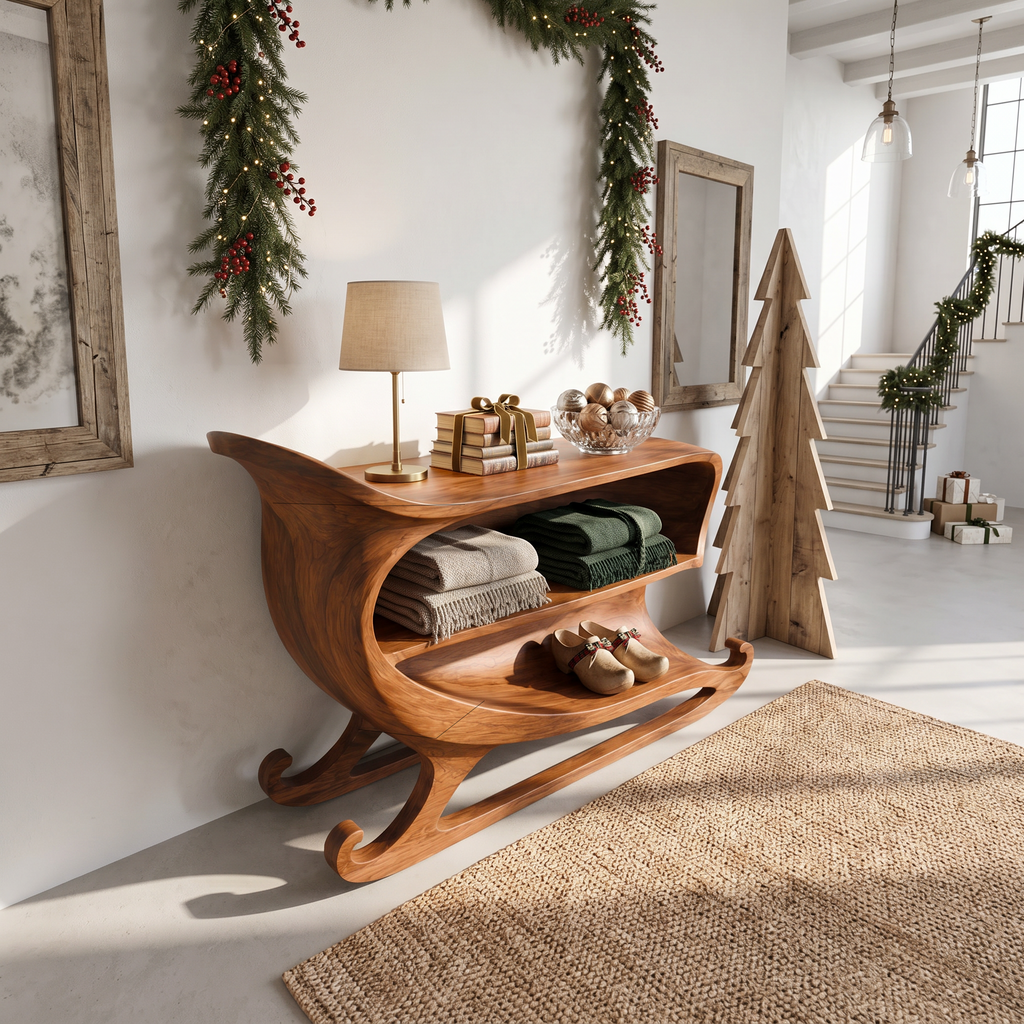 Farmhouse Christmas Console Table With Sleigh Inspired Scroll Design For Entryway And - view 2