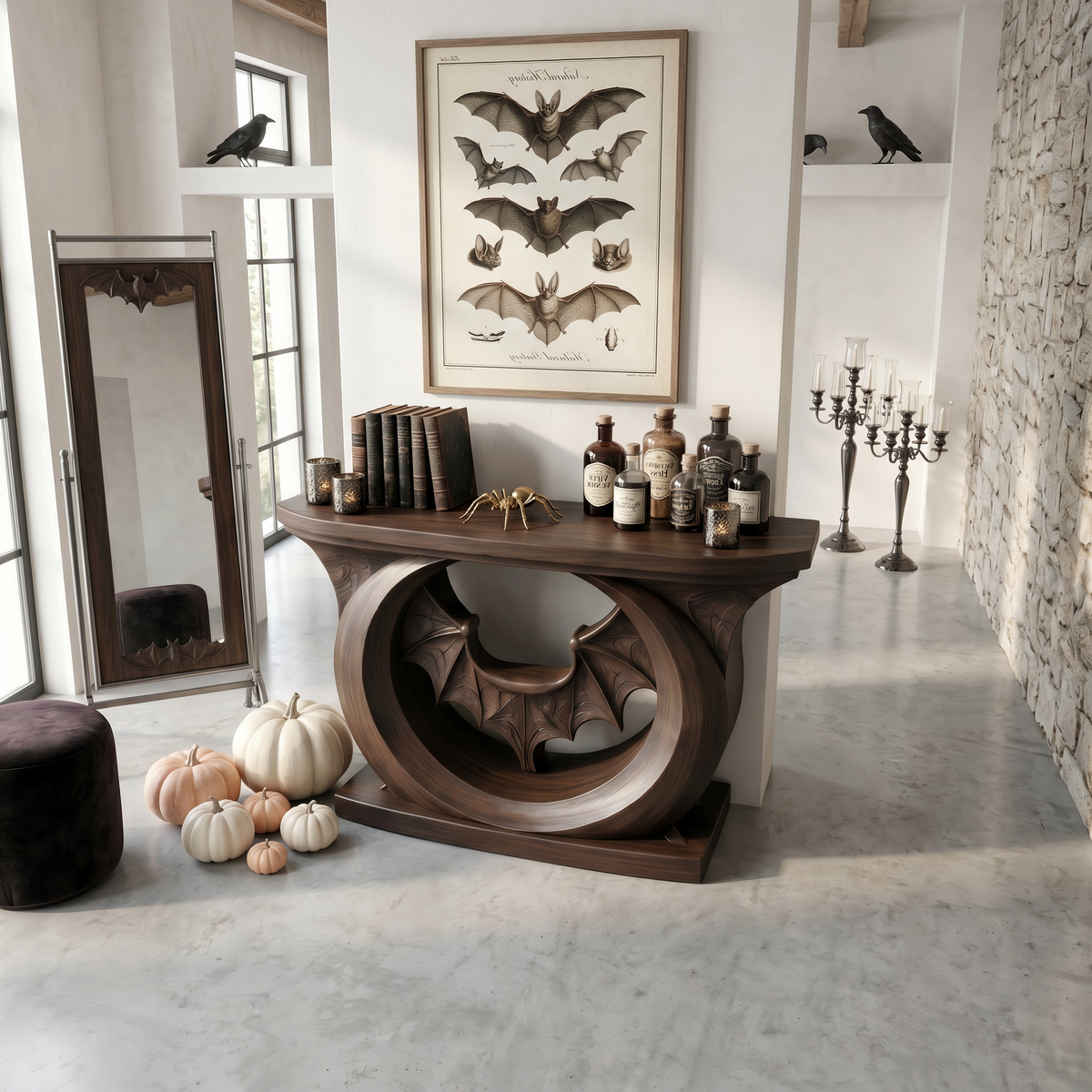 Contemporary Halloween Console Table With Sculptural Bat Design For Entryway And Living