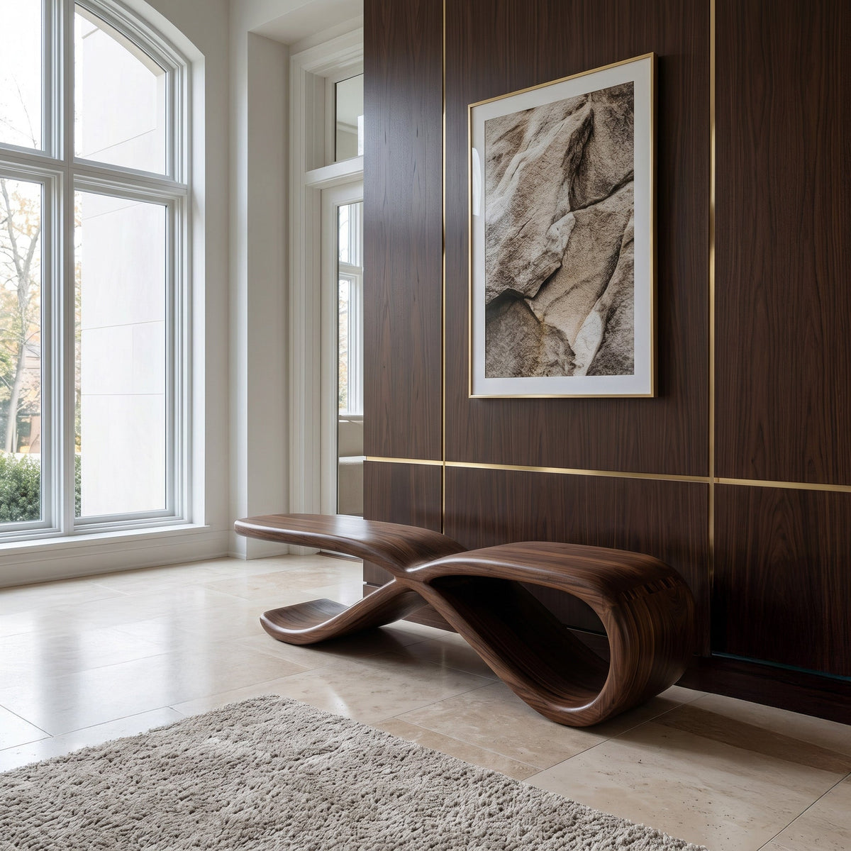 Contemporary Sculptural Wooden Bench For Hallway