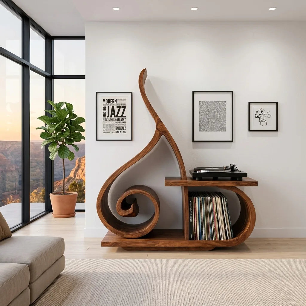 Contemporary Sculptural Wooden Record Player Stand For Living Room