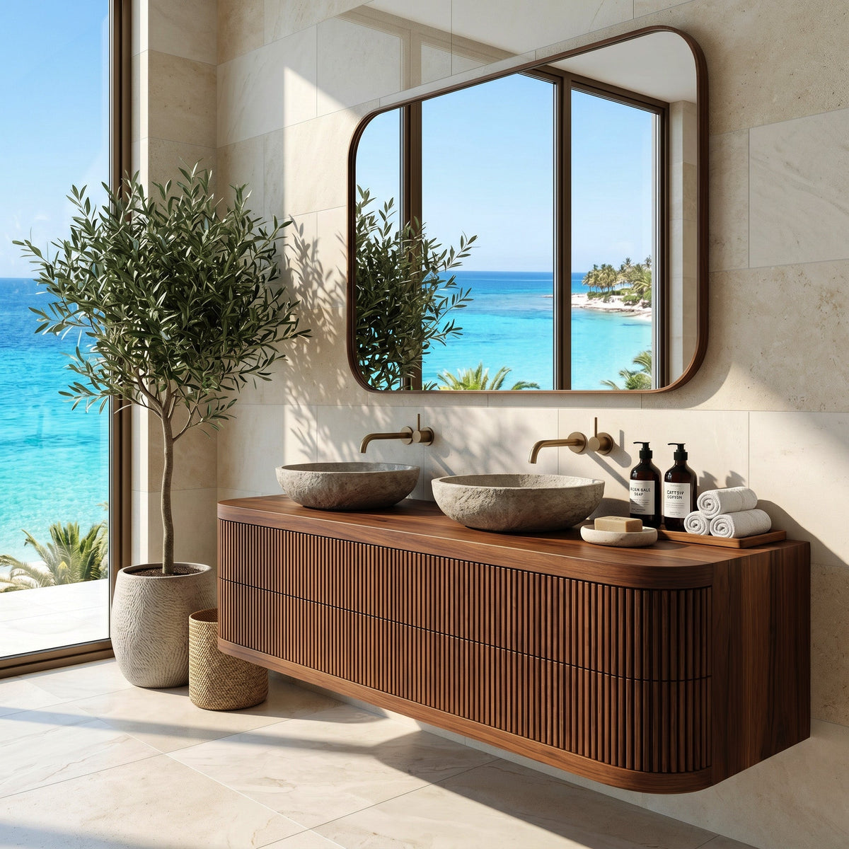 Contemporary Wooden Floating Bathroom Vanity With Fluted Front For Bathroom