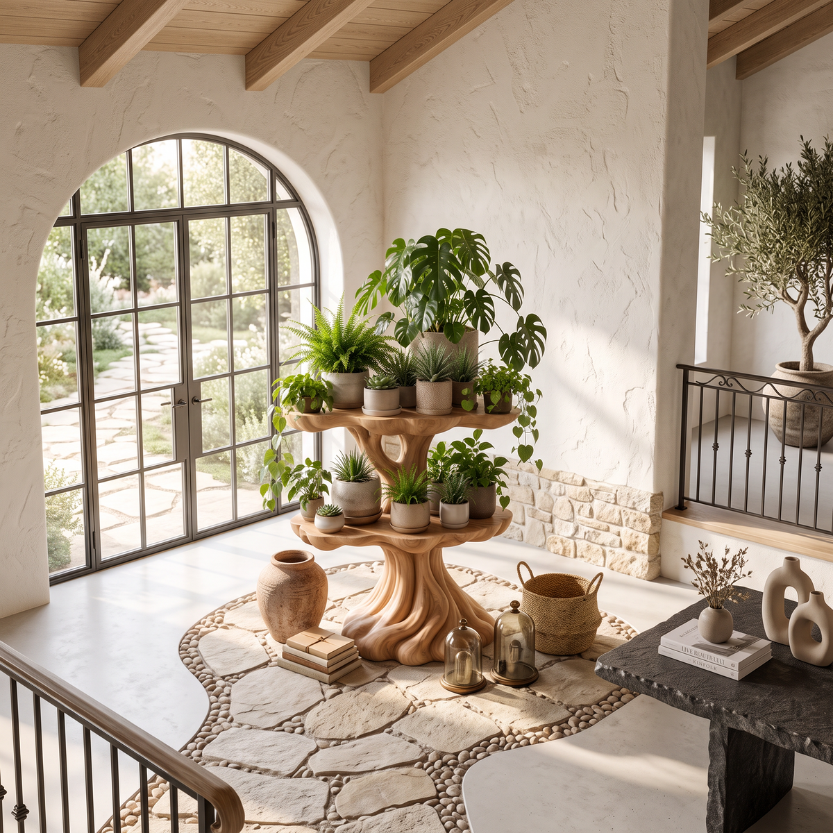 Contemporary Tiered Plant Shelf With Organic Branch Design For Living Room And Entryway - view 2