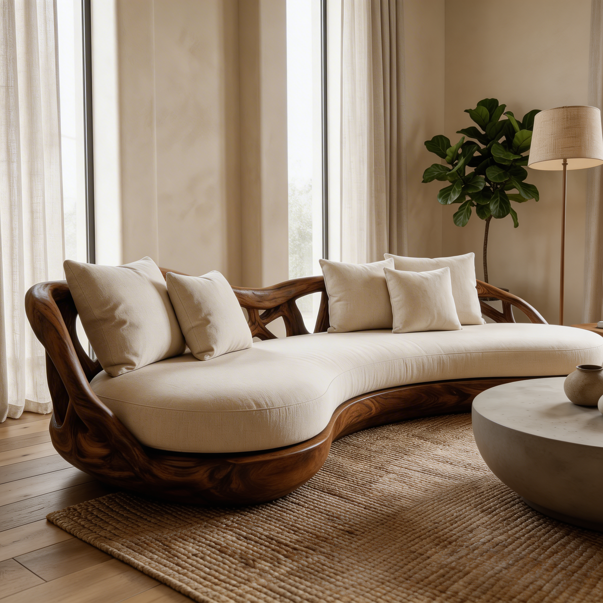 Contemporary Organic Sofa Solid Wood Frame Smooth Curved Design Living Room And Lounge