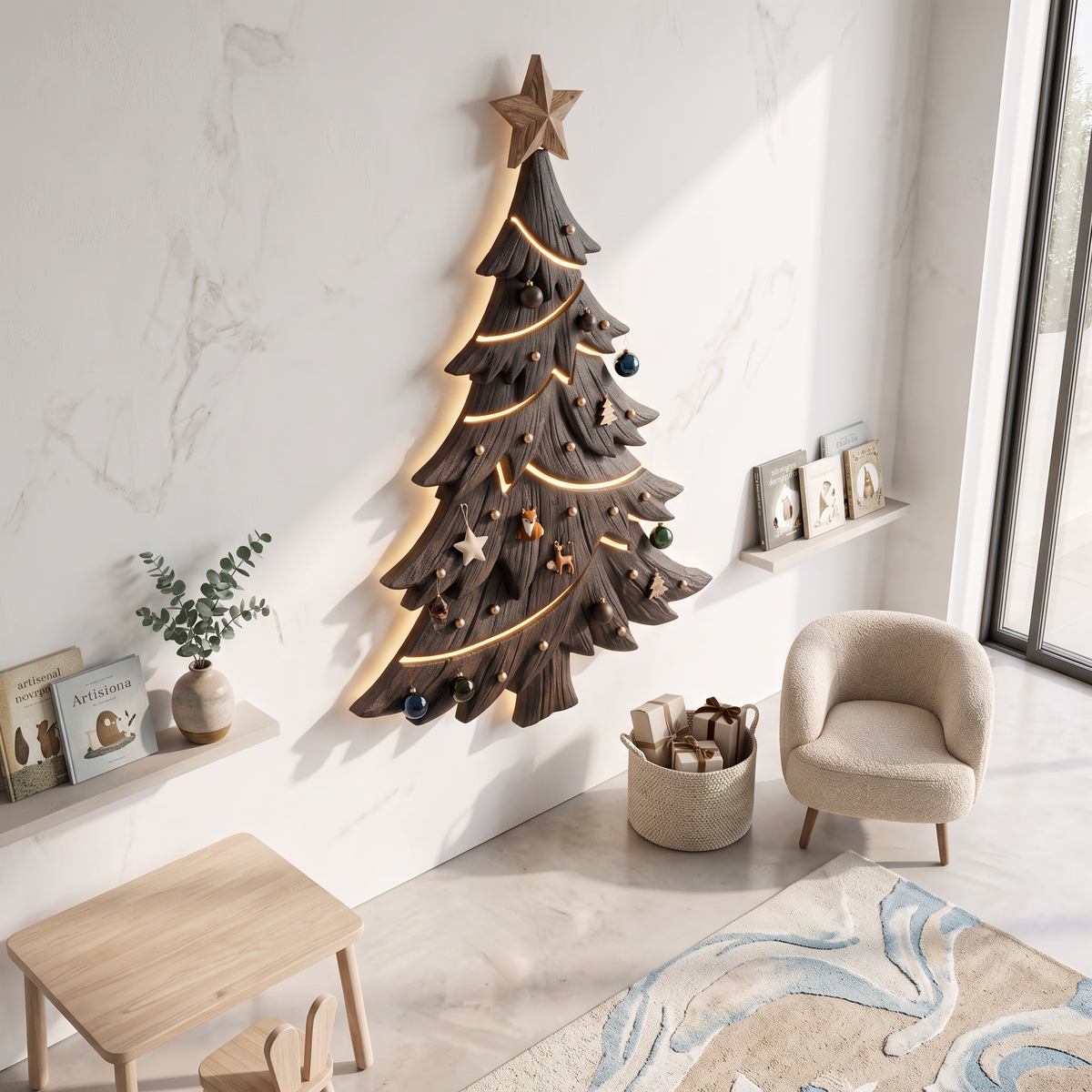 Contemporary Xmas Wall Sculpture With Evergreen Silhouette For Living Room - view 2