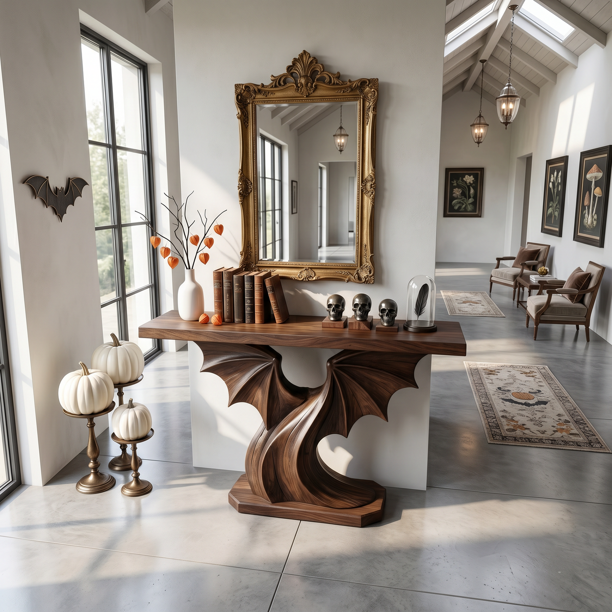 Contemporary Halloween Console Table With Sculptural Bat Wing Design For Entryway And - view 2