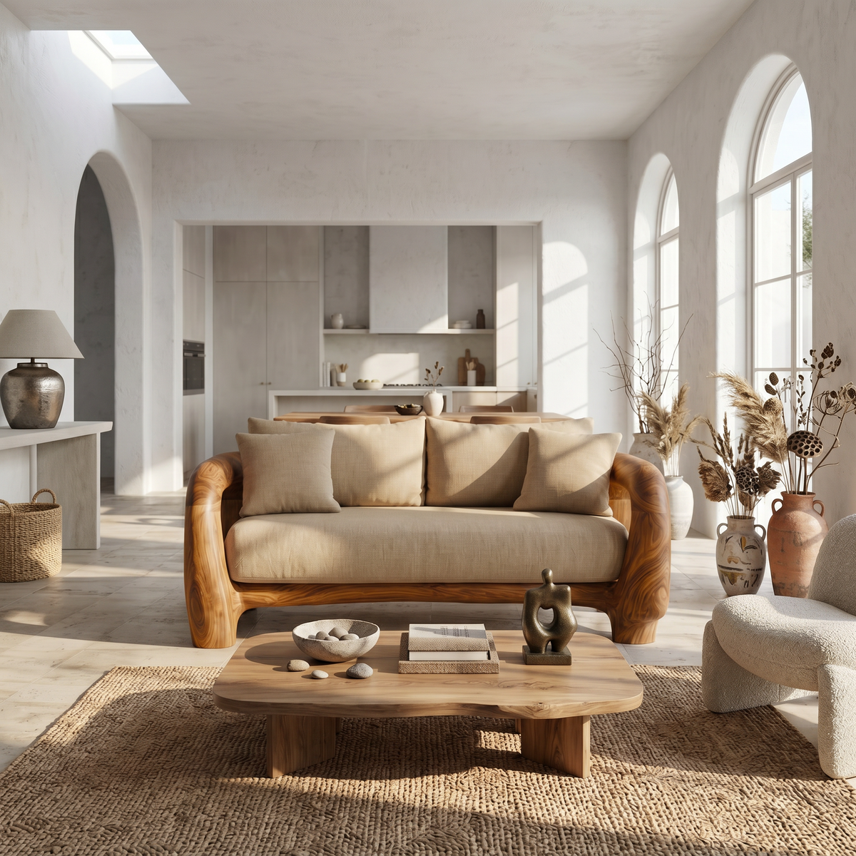 Contemporary Lounge Sofa Frame With Sculptural Wooden Base For Living Room