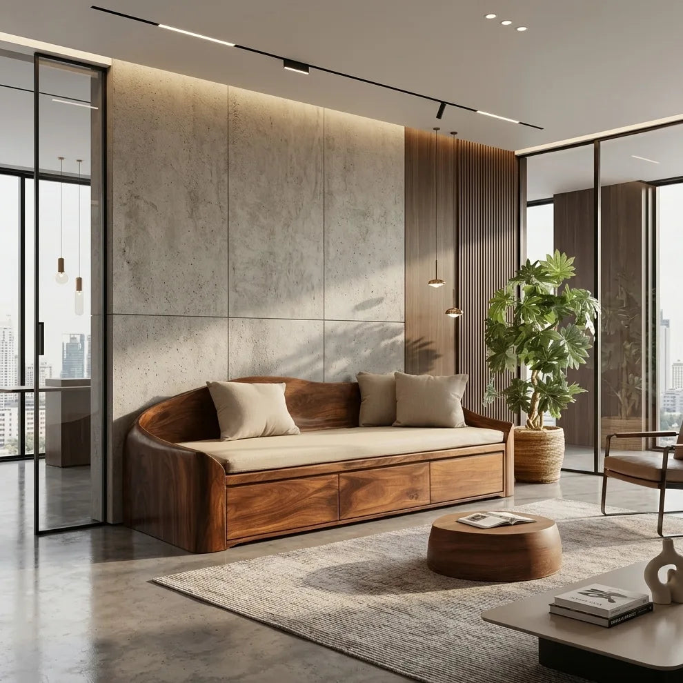 Contemporary Wooden Sofa With Drawers For Living Room