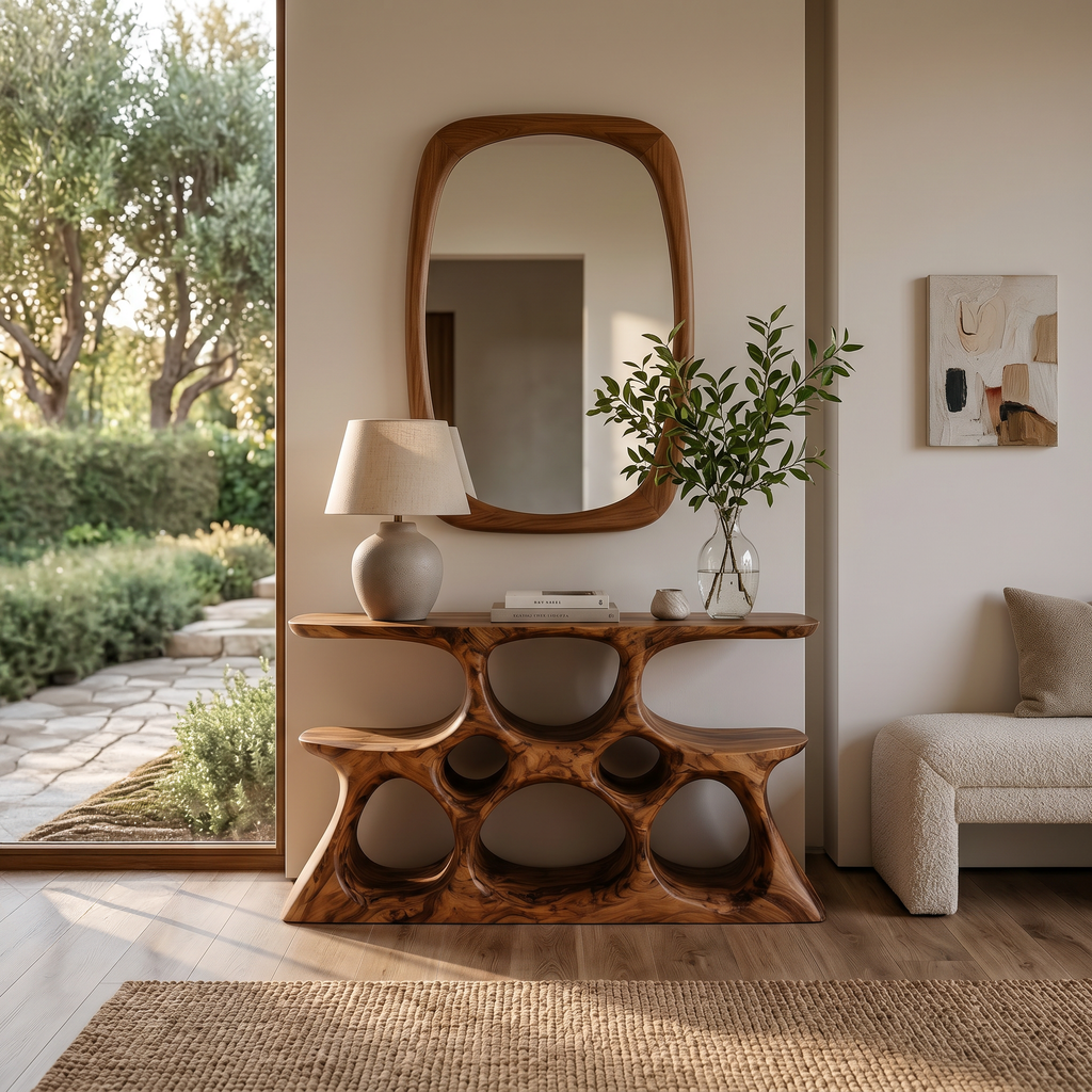 Elegant Wooden Console Table With Sculptural Shelves For Home Decor