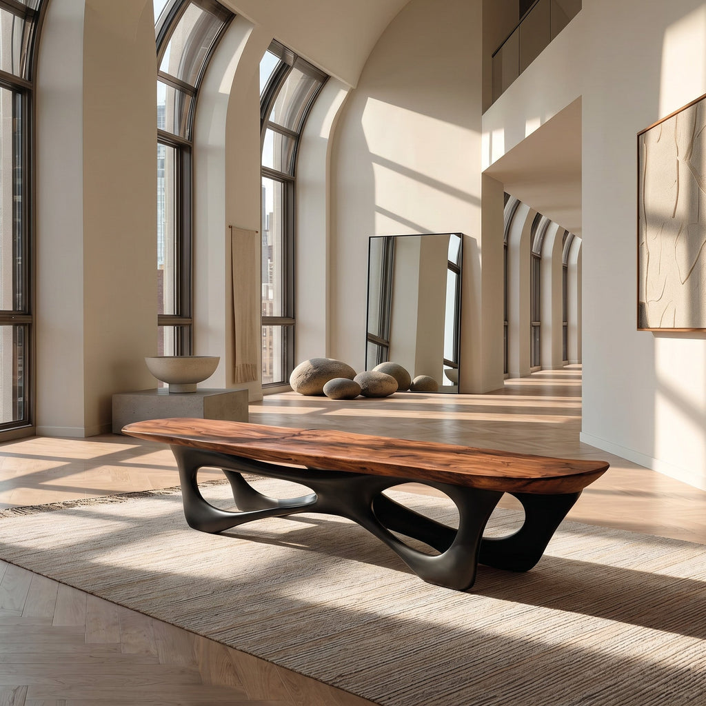Curved Wooden Statement Bench For Modern Apartment