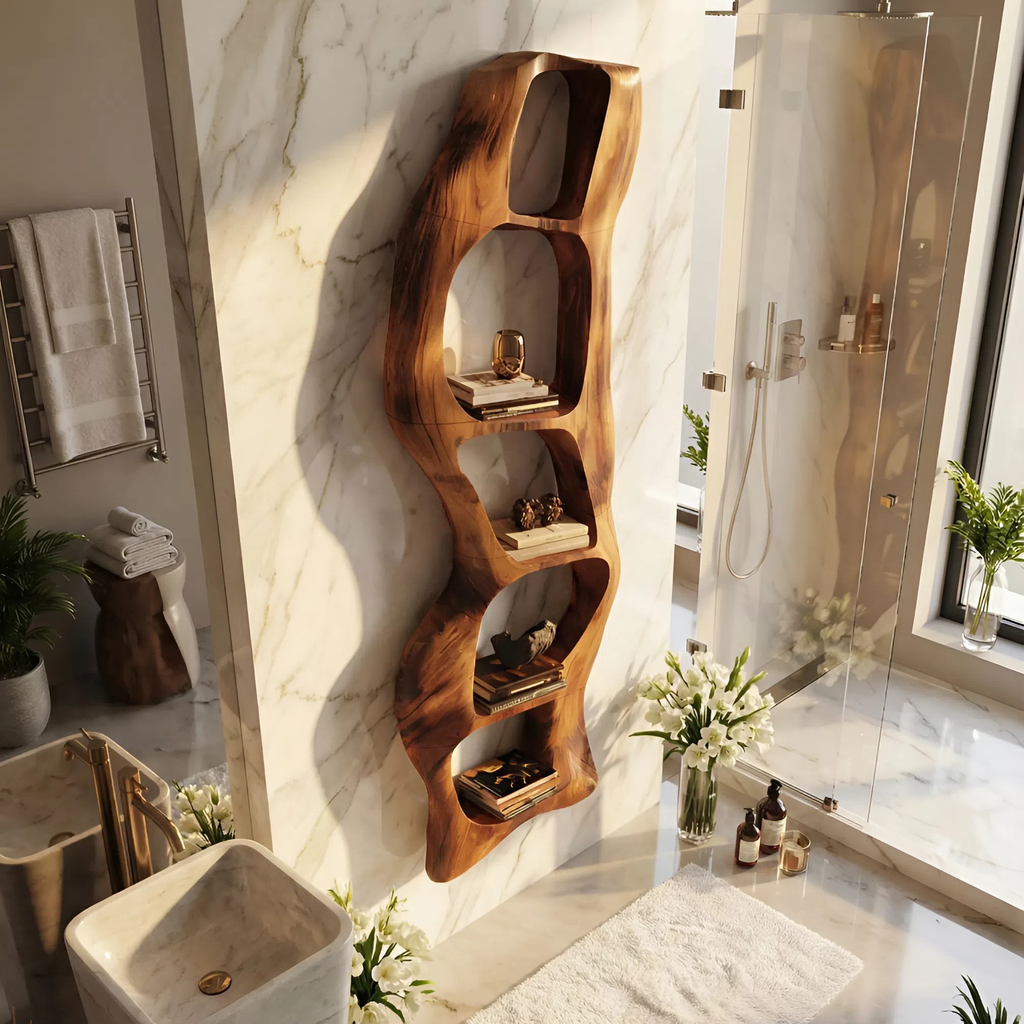 Contemporary Wooden Wall Shelf, Handcrafted Solid Wood Floating Storage Display Ledge Rack