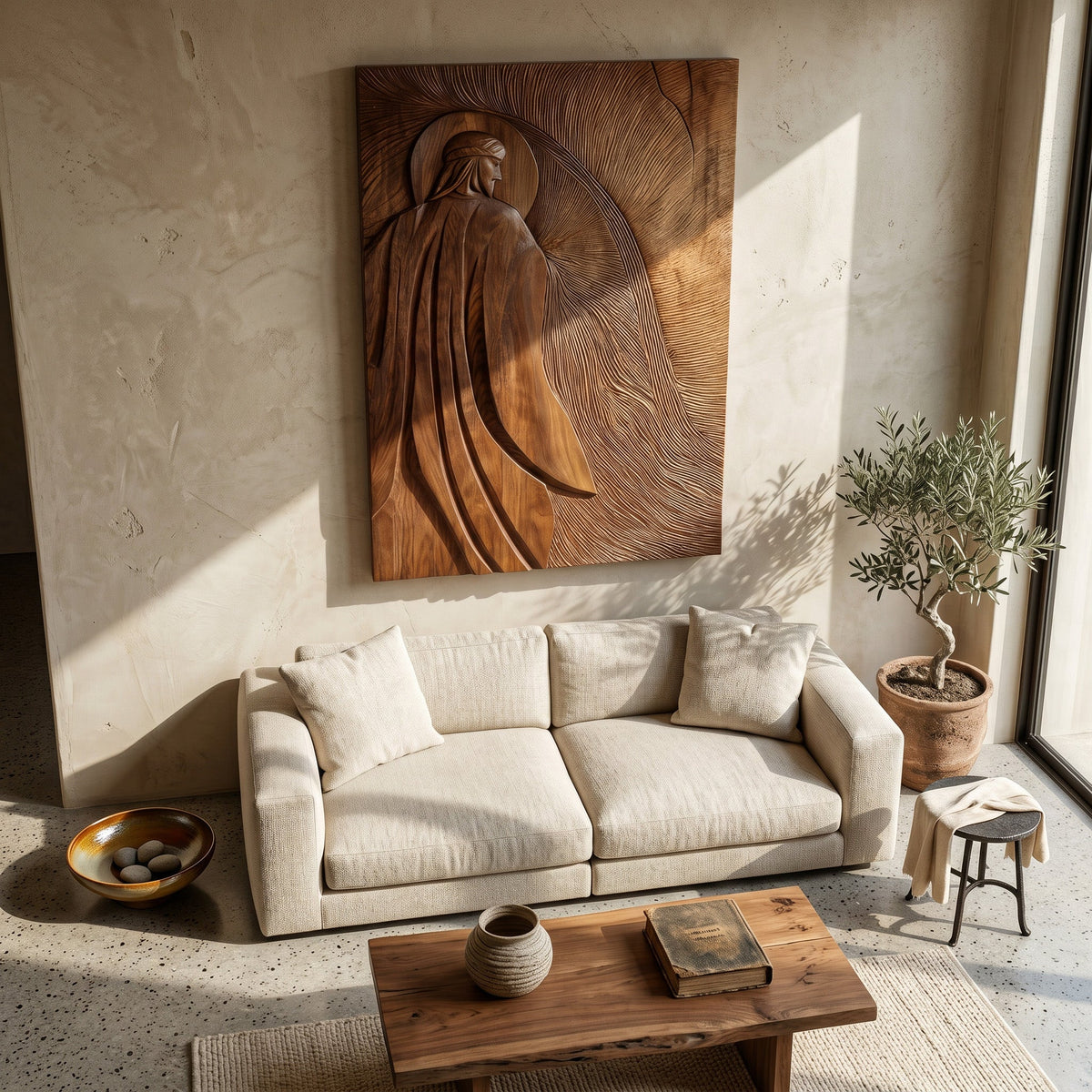 Contemporary Wooden Wall Art With Carved Figure For Living Room