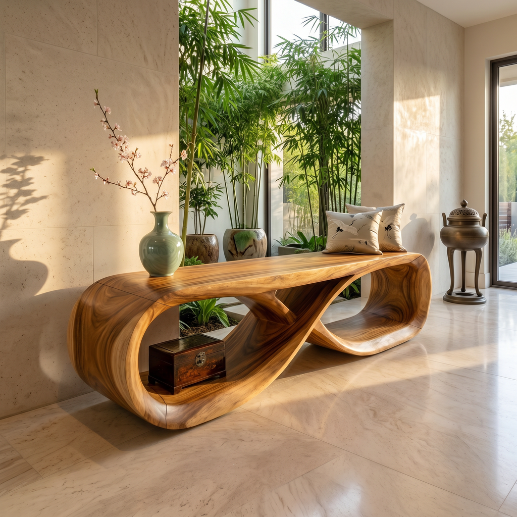 Curved Wooden Bench Contemporary Residence