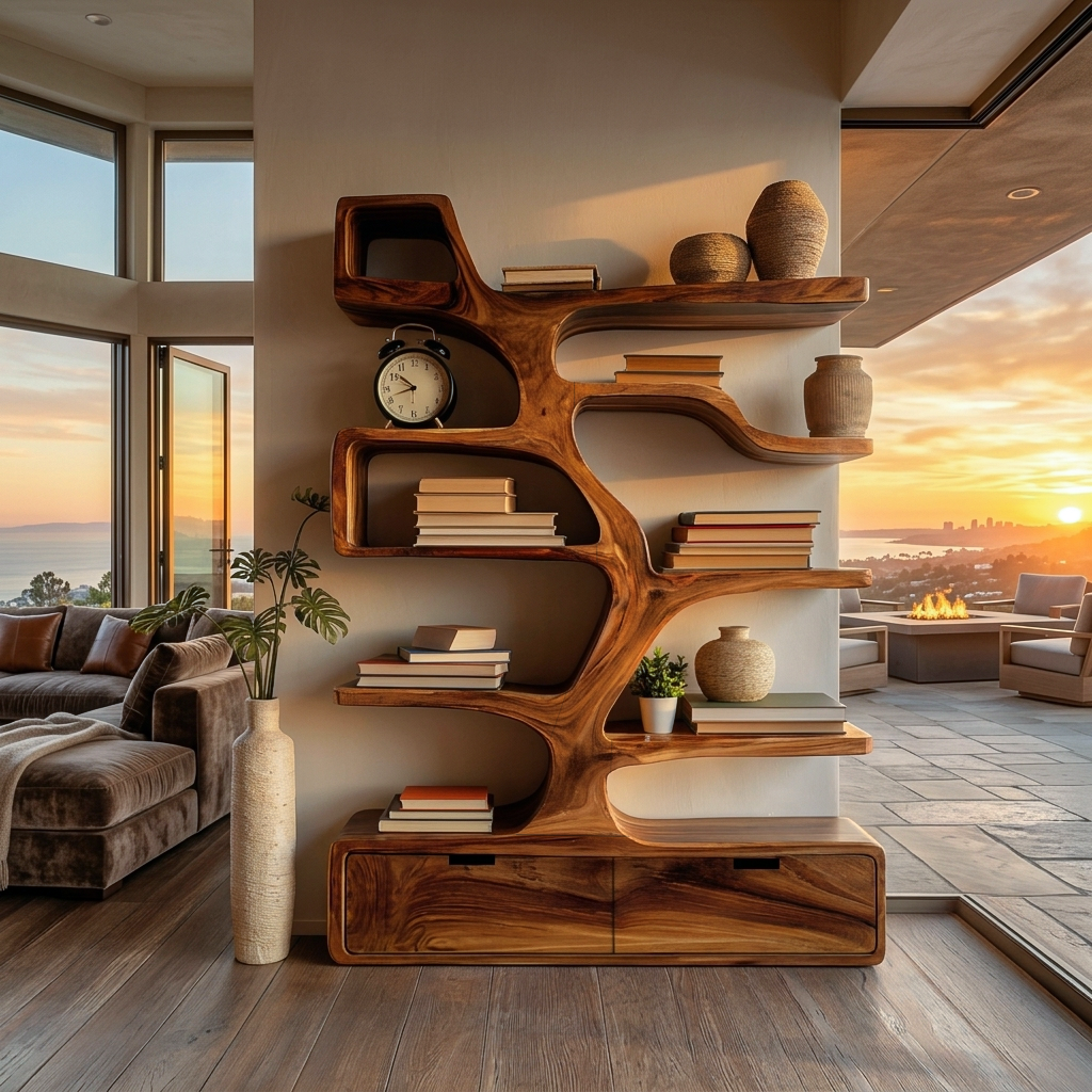 Contemporary Wooden Bookshelf Sculpted Design For Living Space