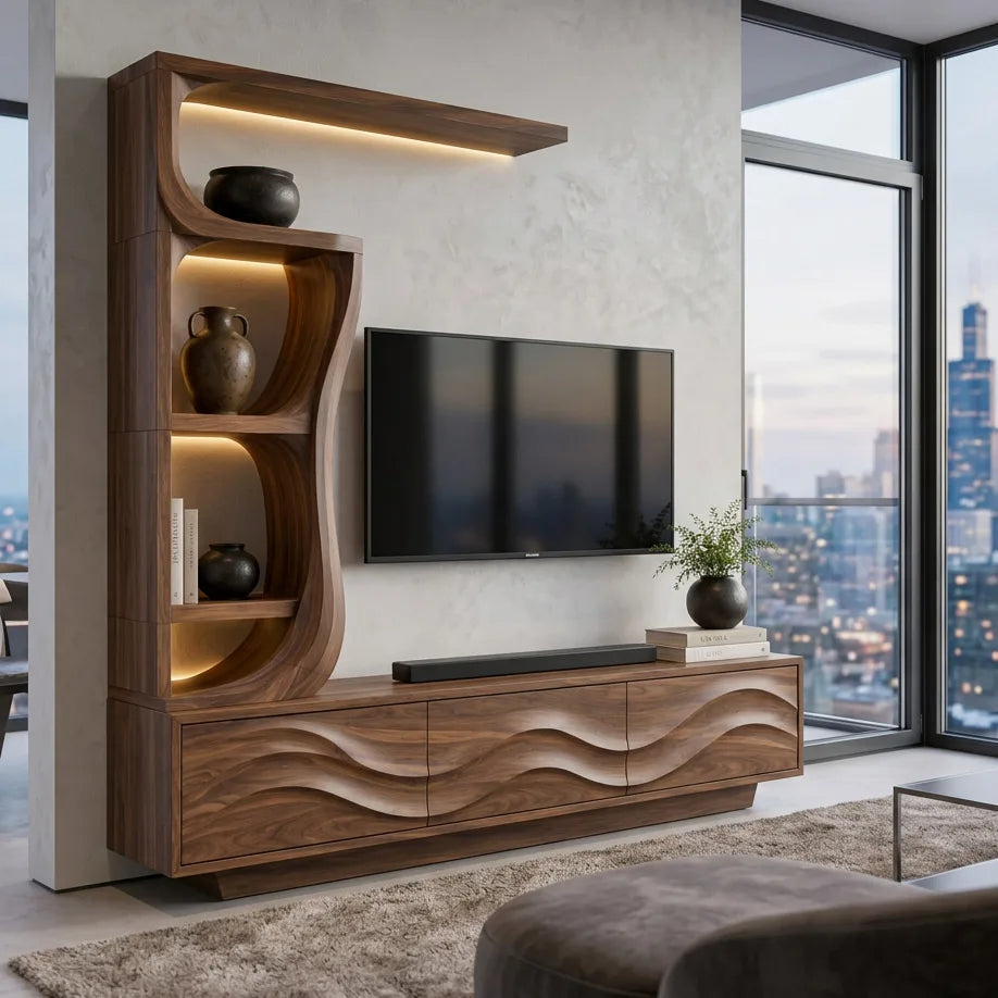 Contemporary Wave Carved Wooden TV Stand With Shelf For Living Room