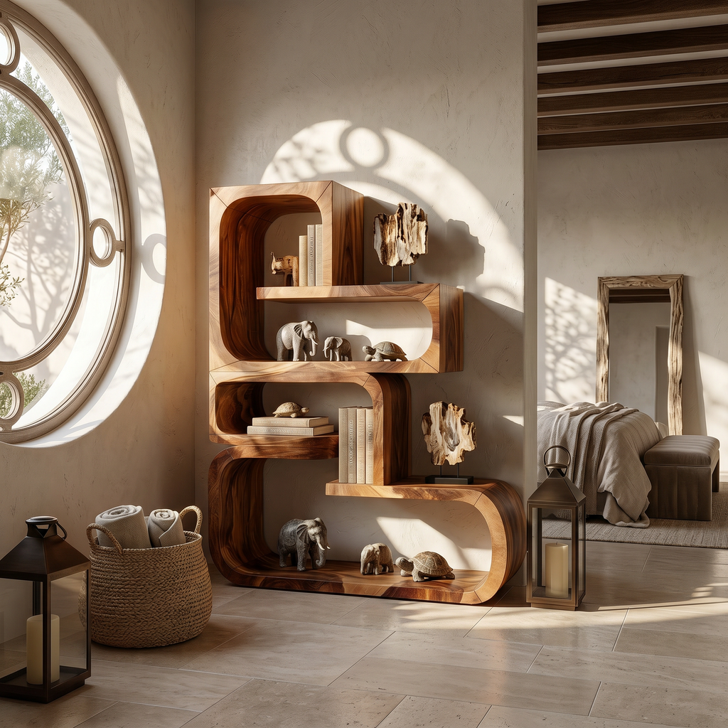 Contemporary Wave Edge Wooden Bookcase In Natural Finish