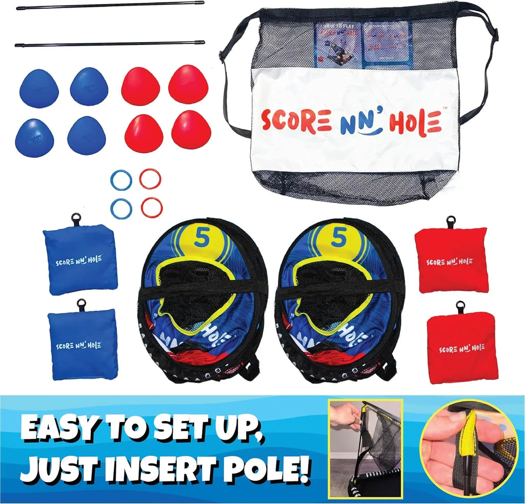 Floating Pool Cornhole Game, Foam, 30 x 26 x 15 Inches, 10 Pieces, Red Blue Black
