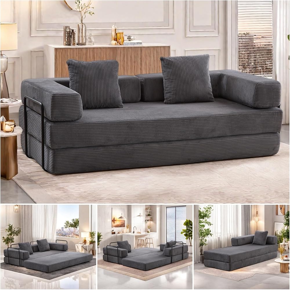 Trygoal Convertible Corduroy Floor Sofa Bed - Dark Gray