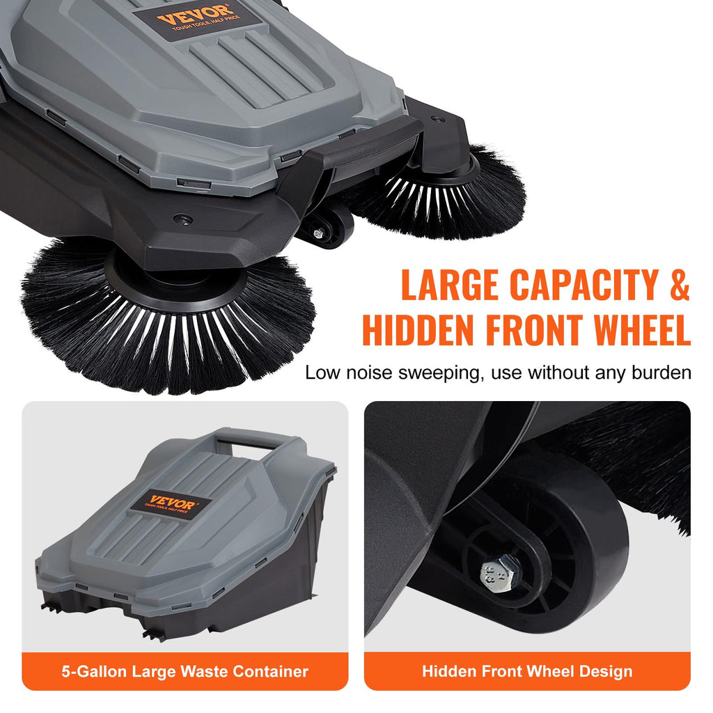 Walk-Behind Hand Push Floor Sweeper, 25.6-Inch Sweeping Path, 5-Gallon Waste Container
