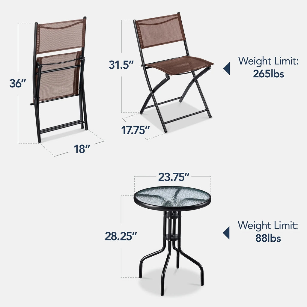 Best Choice Products 3-Piece Patio Bistro Dining Set With Glass Tabletop And Folding Chairs - Gray