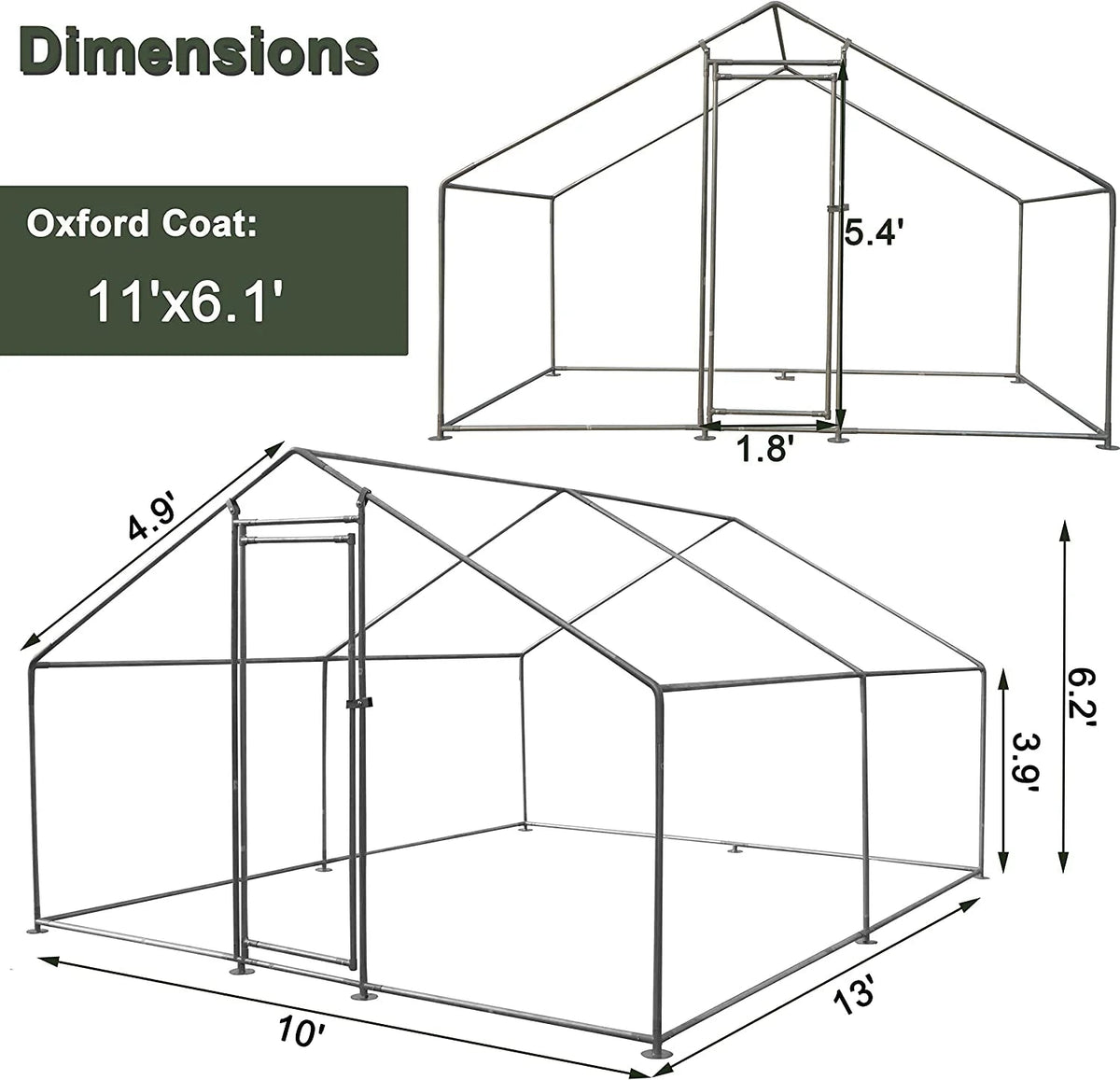 Metal Walk-In Chicken Run Cage With Cover, 10'L X 6.6'W X 6.56'H